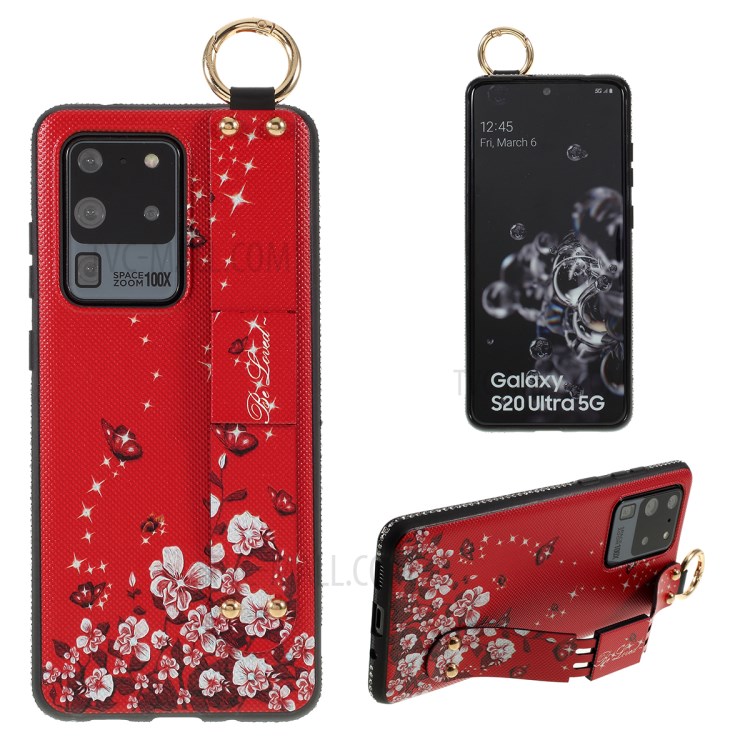 Flower Pattern Rhinestone Decor TPU Phone Casing with Hand Strap for Samsung Galaxy S20 Ultra - Red-1