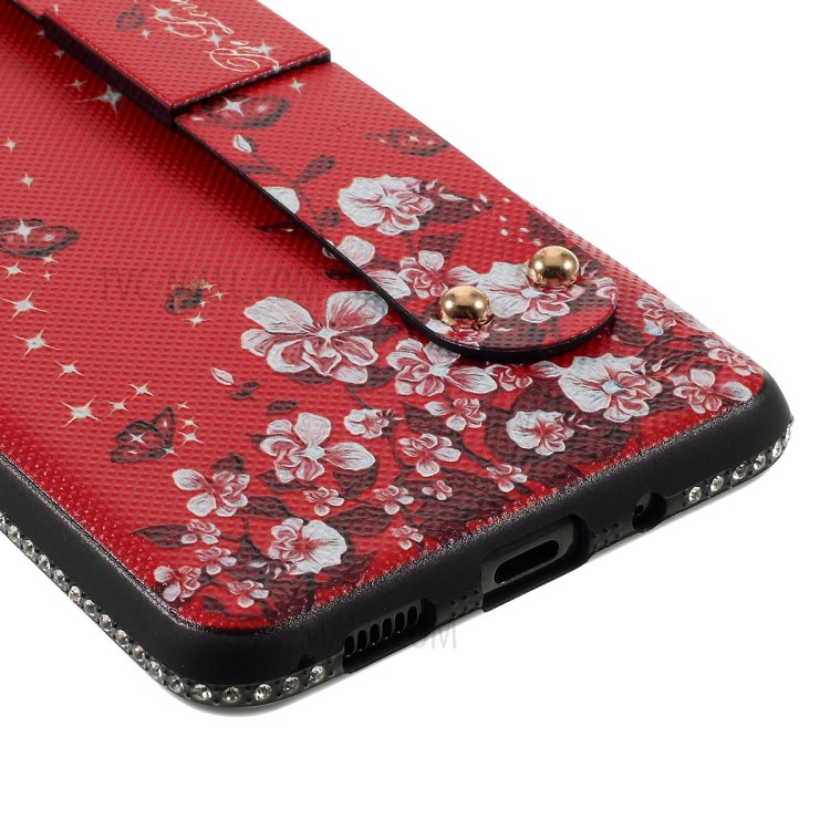 Flower Pattern Rhinestone Decor TPU Phone Casing with Hand Strap for Samsung Galaxy S20 Ultra - Red-6