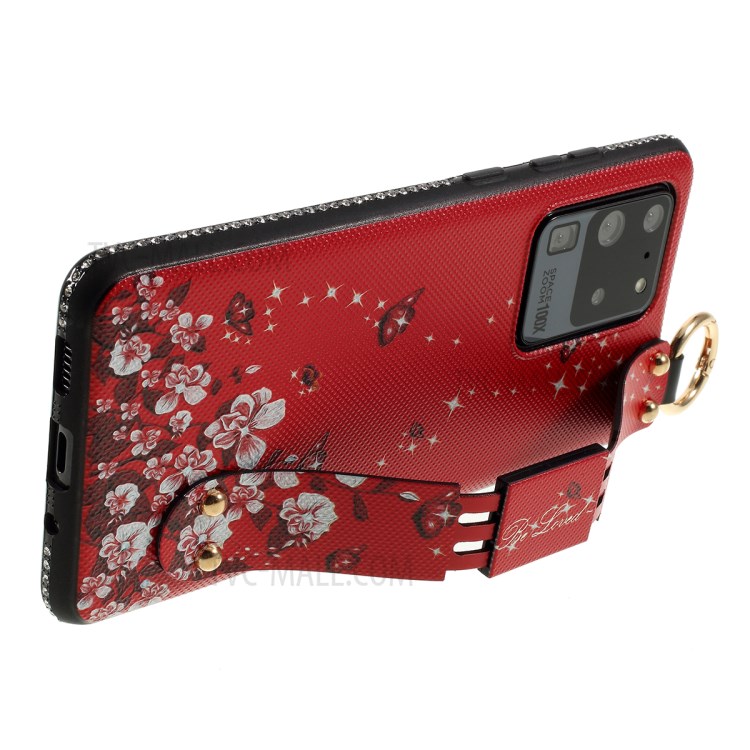 Flower Pattern Rhinestone Decor TPU Phone Casing with Hand Strap for Samsung Galaxy S20 Ultra - Red-7