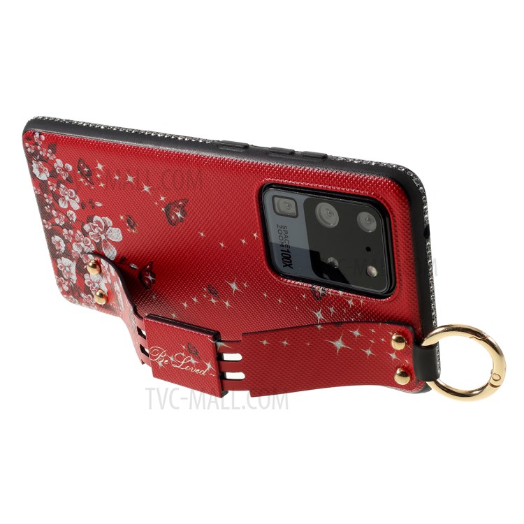 Flower Pattern Rhinestone Decor TPU Phone Casing with Hand Strap for Samsung Galaxy S20 Ultra - Red-8