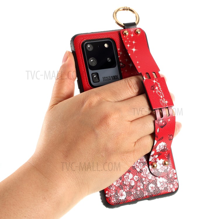 Flower Pattern Rhinestone Decor TPU Phone Casing with Hand Strap for Samsung Galaxy S20 Ultra - Red-9