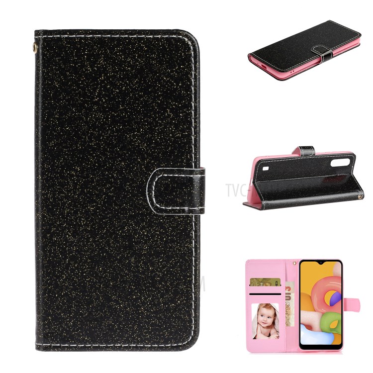 Glitter Powder Wallet Stand Leather Case for Samsung Galaxy A01 - Black-1