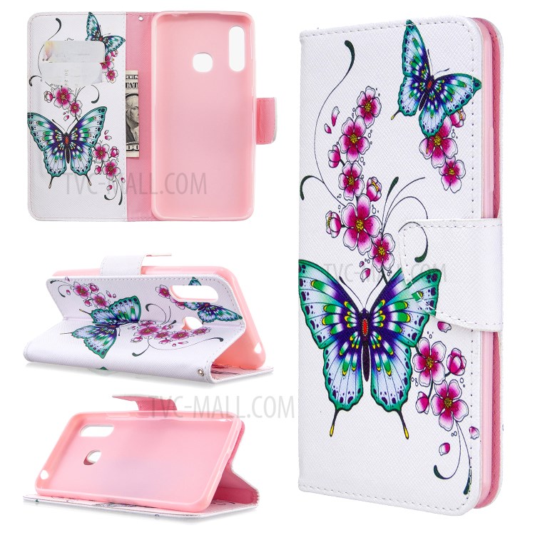 Pattern Printing Wallet Stand Flip Leather Phone Shell for Samsung Galaxy A70e - Flowers and Butterflies-1