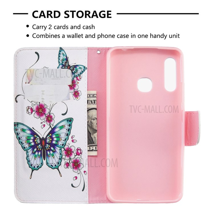 Pattern Printing Wallet Stand Flip Leather Phone Shell for Samsung Galaxy A70e - Flowers and Butterflies-6