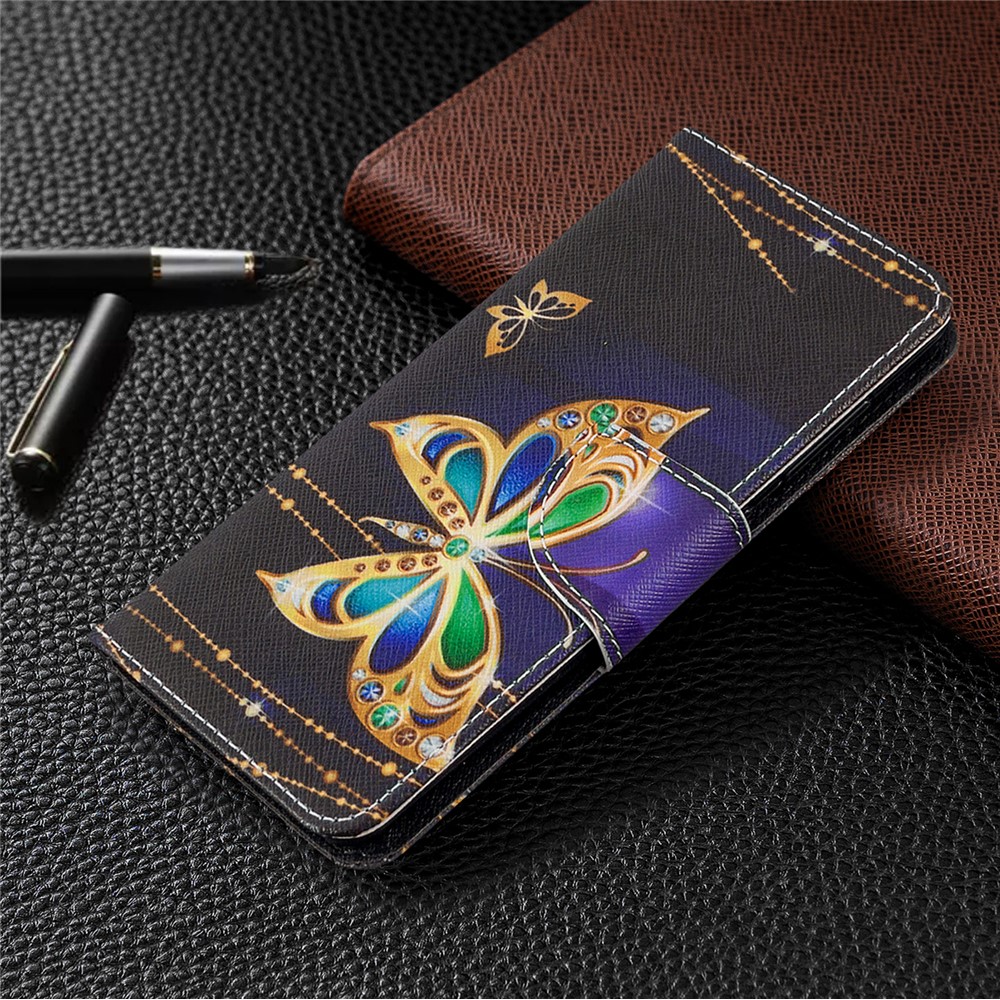 Pattern Printing Wallet Stand Flip Leather Phone Cover for Samsung Galaxy A41 (Global Version) - Gold Butterfly-7