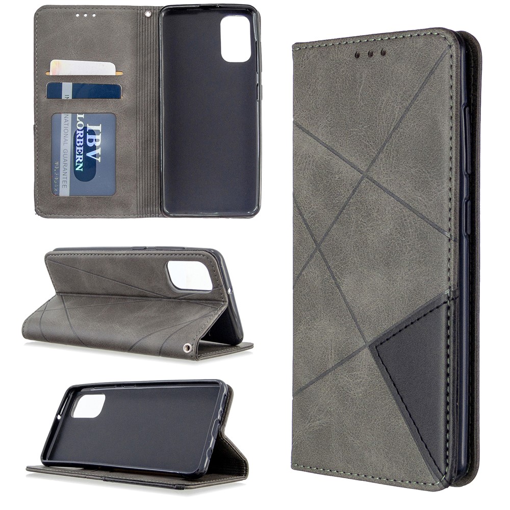 Geometric Leather Phone Case Card Holder Shell for Samsung Galaxy A41 (Global Version) - Grey-1