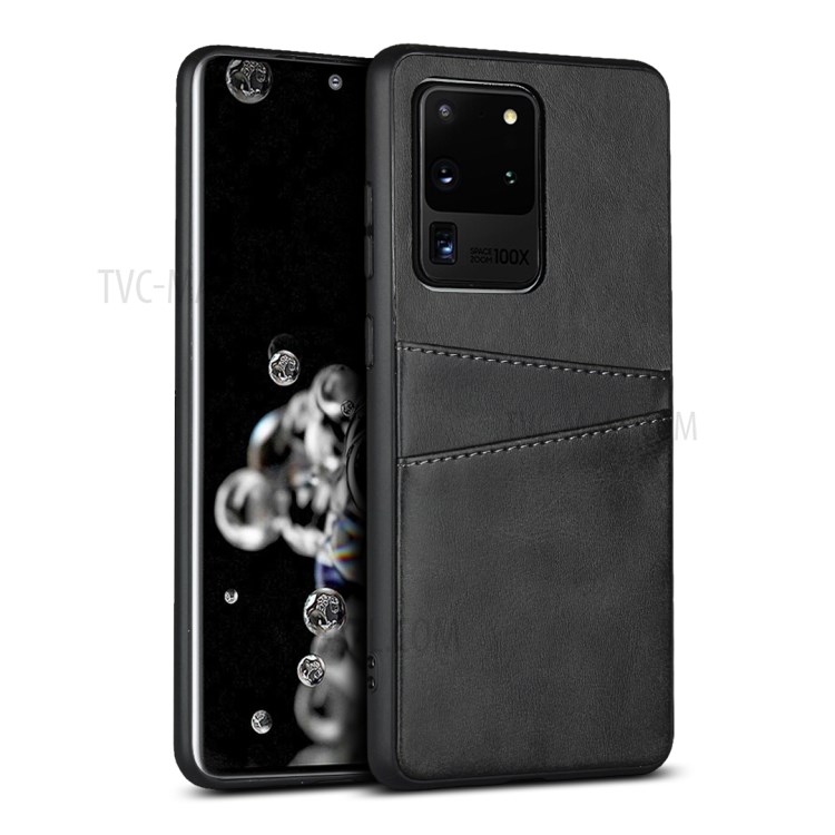 PU Leather+TPU Phone Case Dual Card Slots Cover for Samsung Galaxy S20 Ultra - Black-1