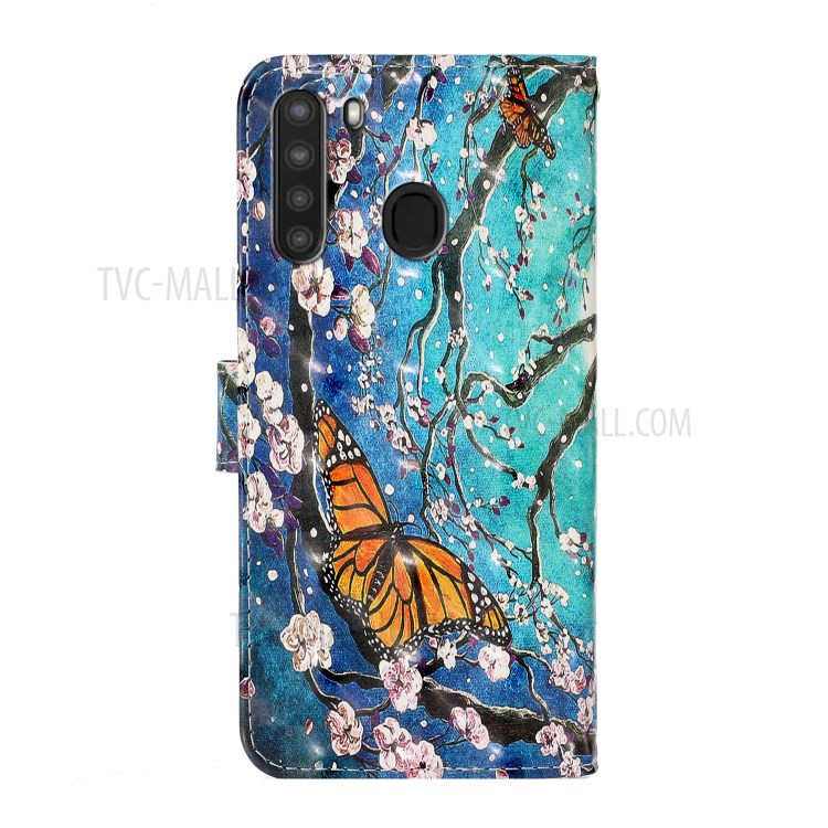 Light Spot Decor Patterned PU Leather Wallet Cover Phone Shell for Samsung Galaxy A21 - Butterfly and Flower Tree-2