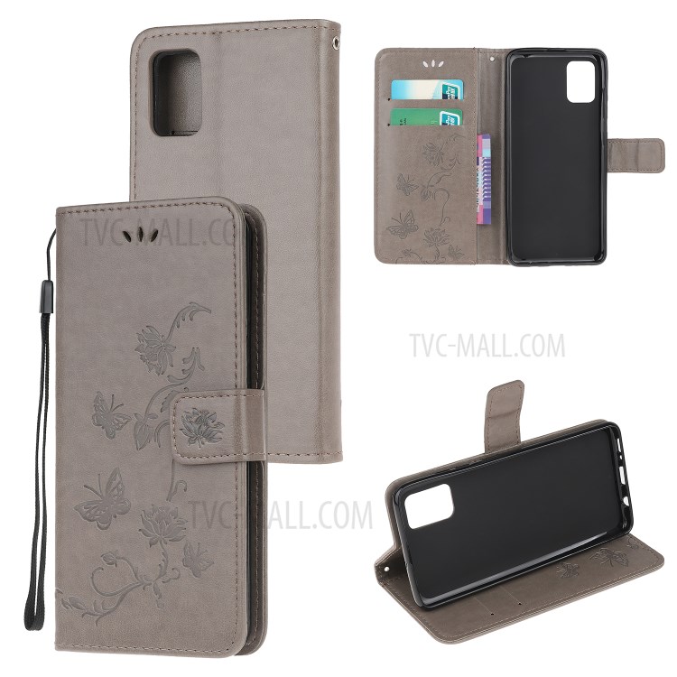 Imprint Butterfly Flower Wallet Leather Cell Phone Case for Samsung Galaxy A51 5G - Grey-1