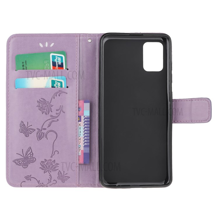 Imprint Butterfly Flower Wallet Leather Cell Phone Case for Samsung Galaxy A51 5G - Purple-5