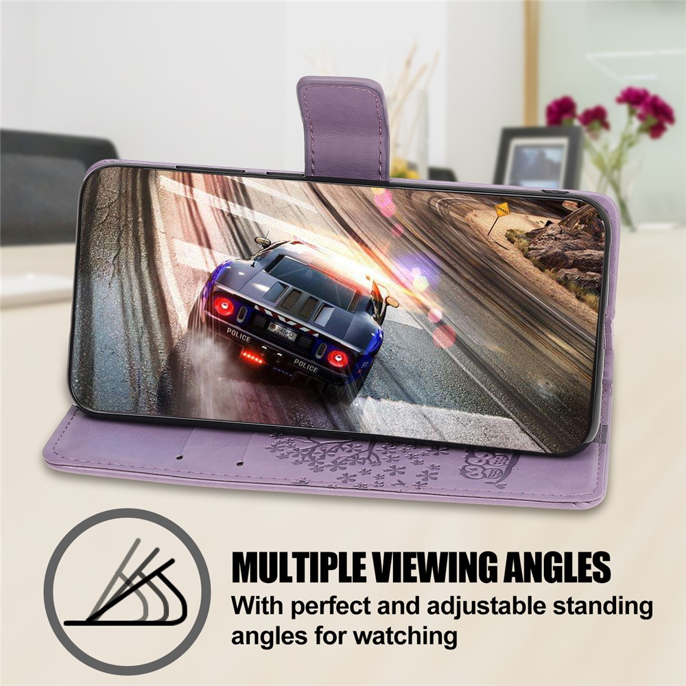 Imprint Tree Owl Pattern Magnetic Wallet PU Leather Cover for Samsung Galaxy A51 5G - Light Purple-9