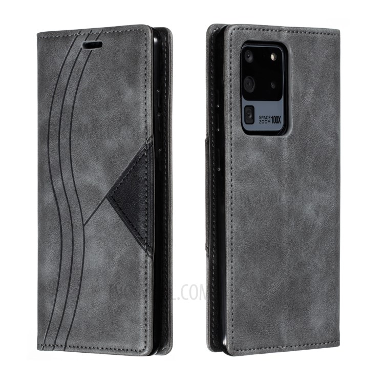 Auto-absorbed Splicing Leather Stand Case with Card Slots for Samsung Galaxy S20 Ultra - Grey-1