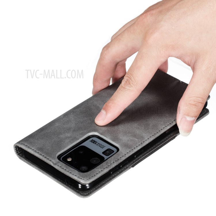 Auto-absorbed Splicing Leather Stand Case with Card Slots for Samsung Galaxy S20 Ultra - Grey-9