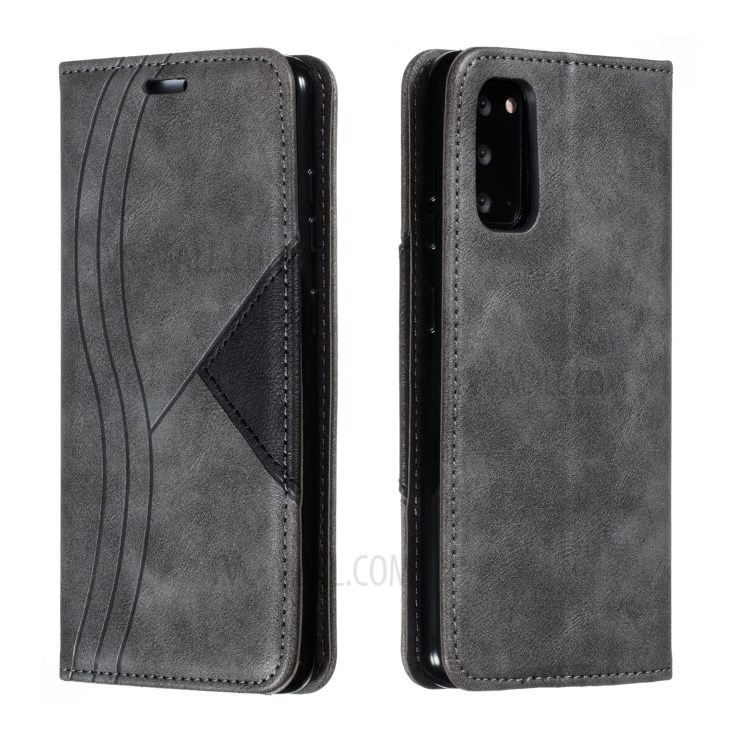 Auto-absorbed Splicing Leather Stand Shell with Card Slots for Samsung Galaxy S20 - Grey-1