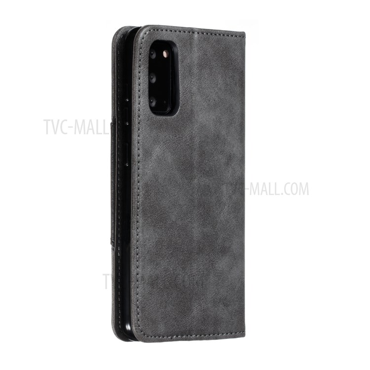 Auto-absorbed Splicing Leather Stand Shell with Card Slots for Samsung Galaxy S20 - Grey-4