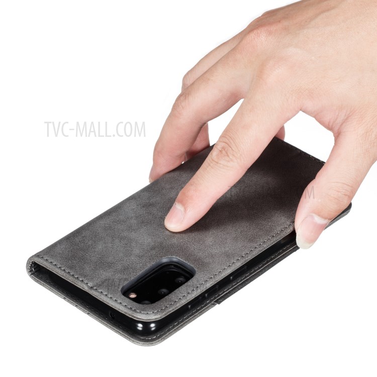 Auto-absorbed Splicing Leather Stand Shell with Card Slots for Samsung Galaxy S20 - Grey-9