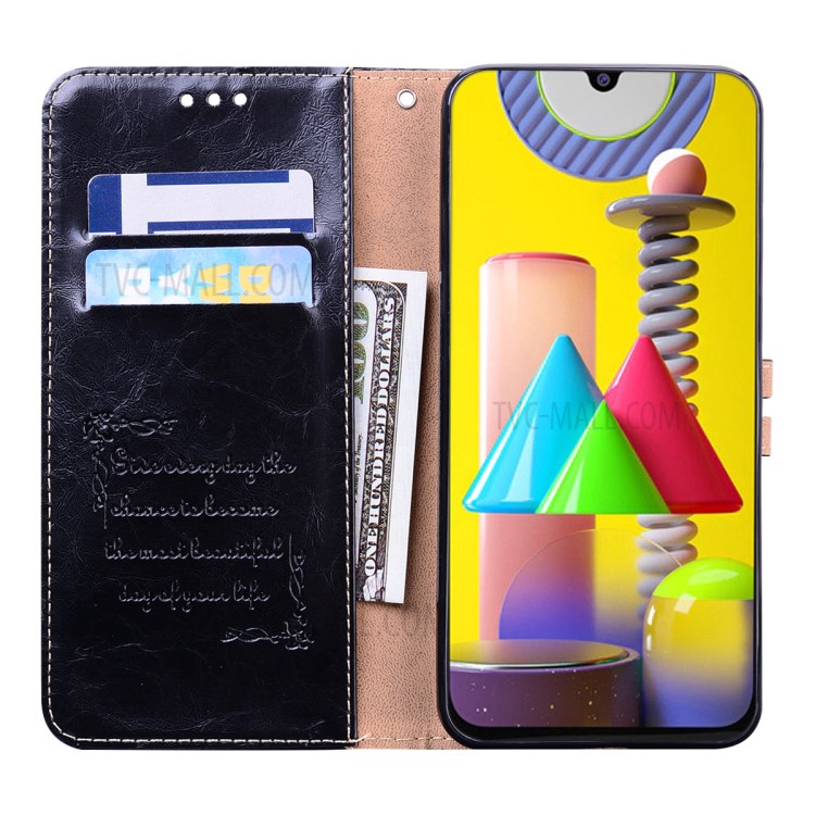 Business Style Oil Wax PU Leather Wallet Stand Mobile Phone Cover for Samsung Galaxy M31 - Black-6