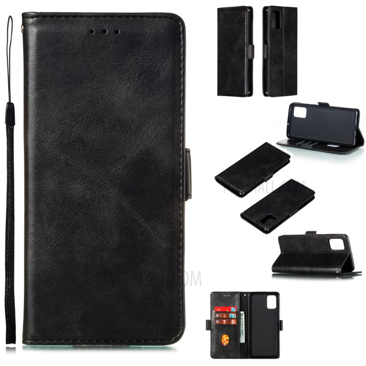 Wallet Leather Stand Phone Case with Lanyard for Samsung Galaxy A51 SM-A515 - Black-1