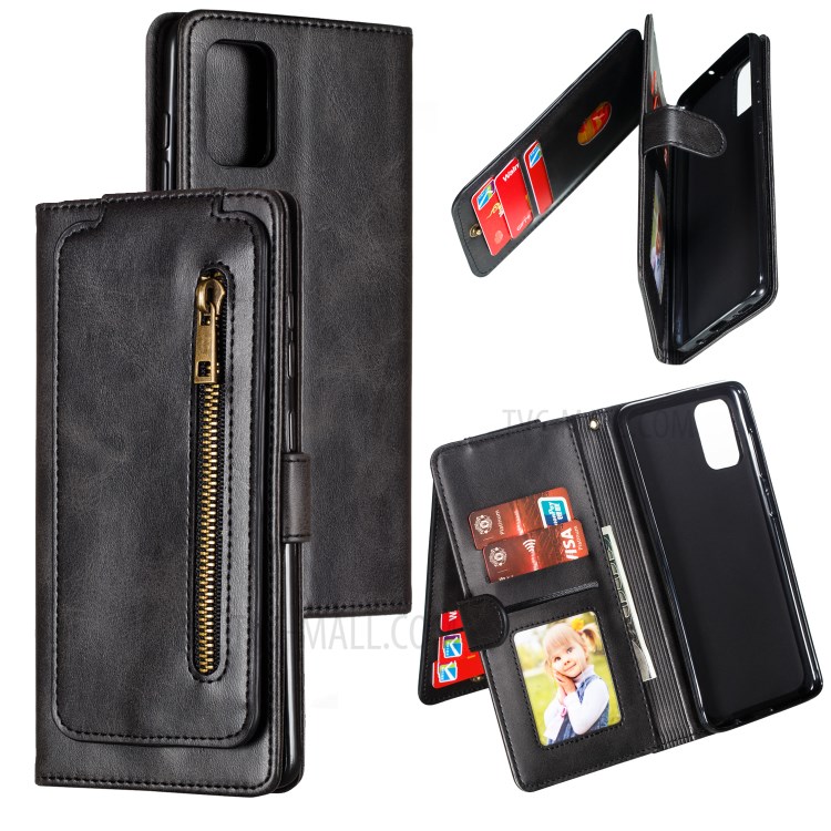 Zipper Pocket with 9 Card Slots Leather Case for Samsung Galaxy A71 SM-A715 - Black-1