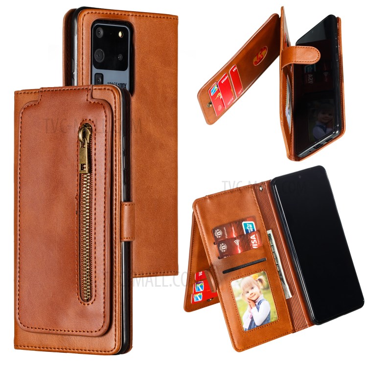 Tasca 9 Slot Per Schede Cassa Di Coperture Portafoglio In Pelle Elegante Cerniera Per La Galassia S20 Ultra - Marrone-1