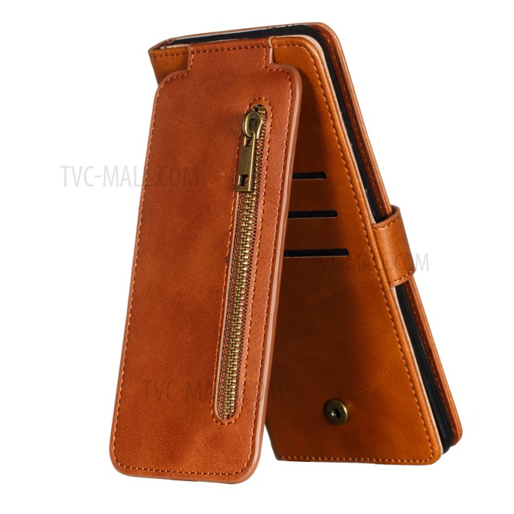 Tasca 9 Slot Per Schede Cassa Di Coperture Portafoglio In Pelle Elegante Cerniera Per La Galassia S20 Ultra - Marrone-7