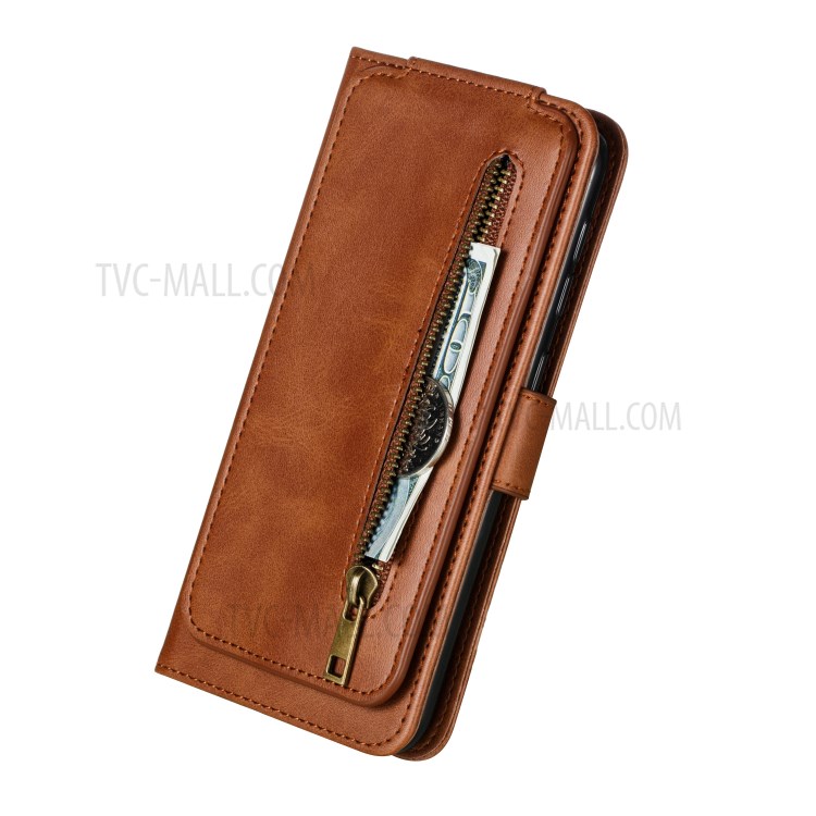 Tasca 9 Slot Per Schede Cassa Di Coperture Portafoglio In Pelle Elegante Cerniera Per La Galassia S20 Ultra - Marrone-8