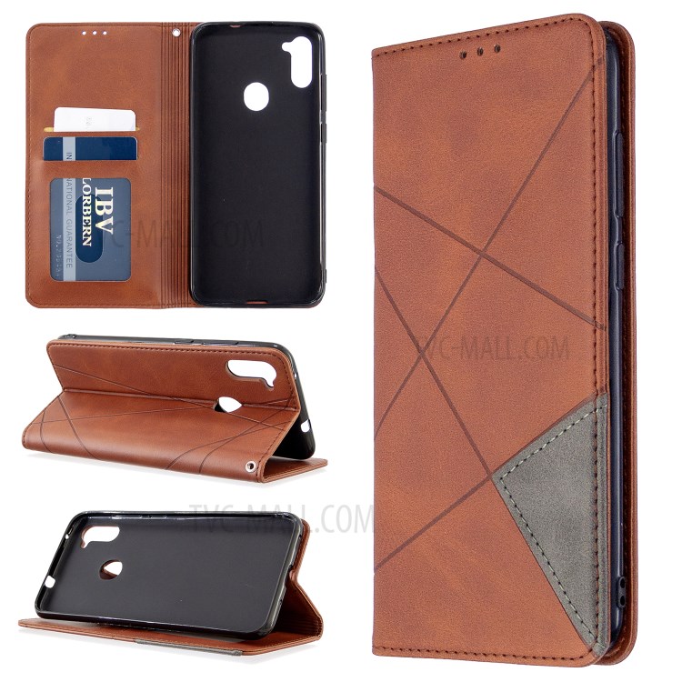 Geometric Pattern Auto-absorbed Leather Cover with Card Slots for Samsung Galaxy A11 / M11 - Coffee-1