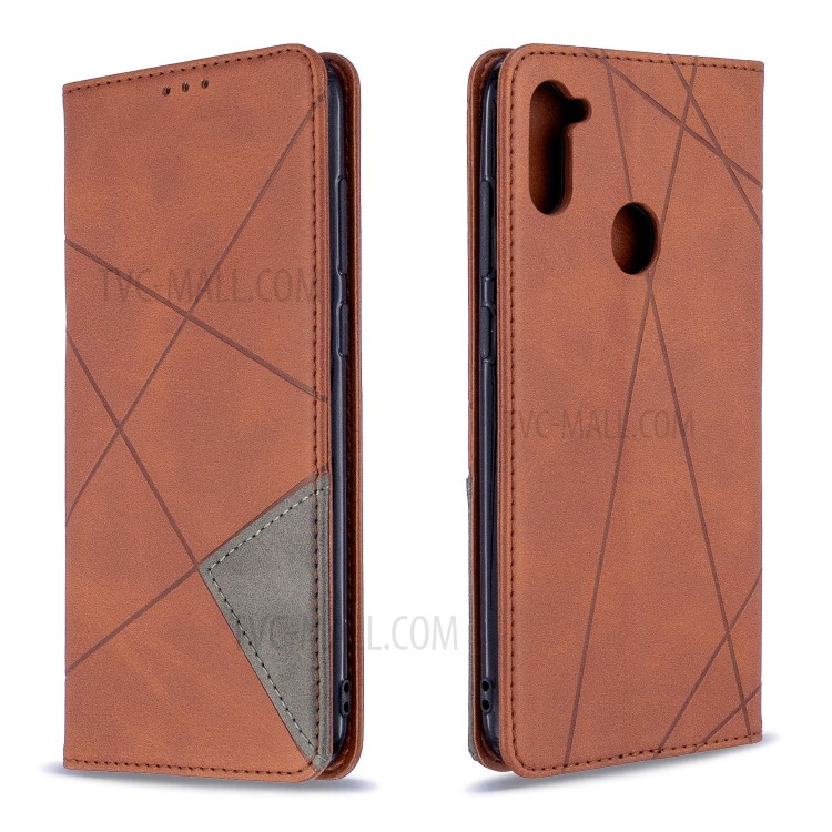 Geometric Pattern Auto-absorbed Leather Cover with Card Slots for Samsung Galaxy A11 / M11 - Coffee-9