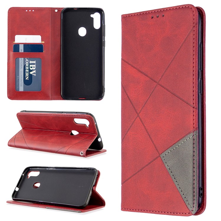 Tampa De Couro Geométrico Padrão Absorvida-automático Com Ranhuras De Placa Para Samsung Galaxy A11 / M11 - Vermelho-1