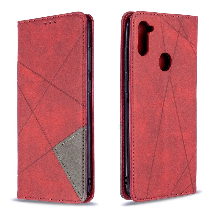 Tampa De Couro Geométrico Padrão Absorvida-automático Com Ranhuras De Placa Para Samsung Galaxy A11 / M11 - Vermelho-9