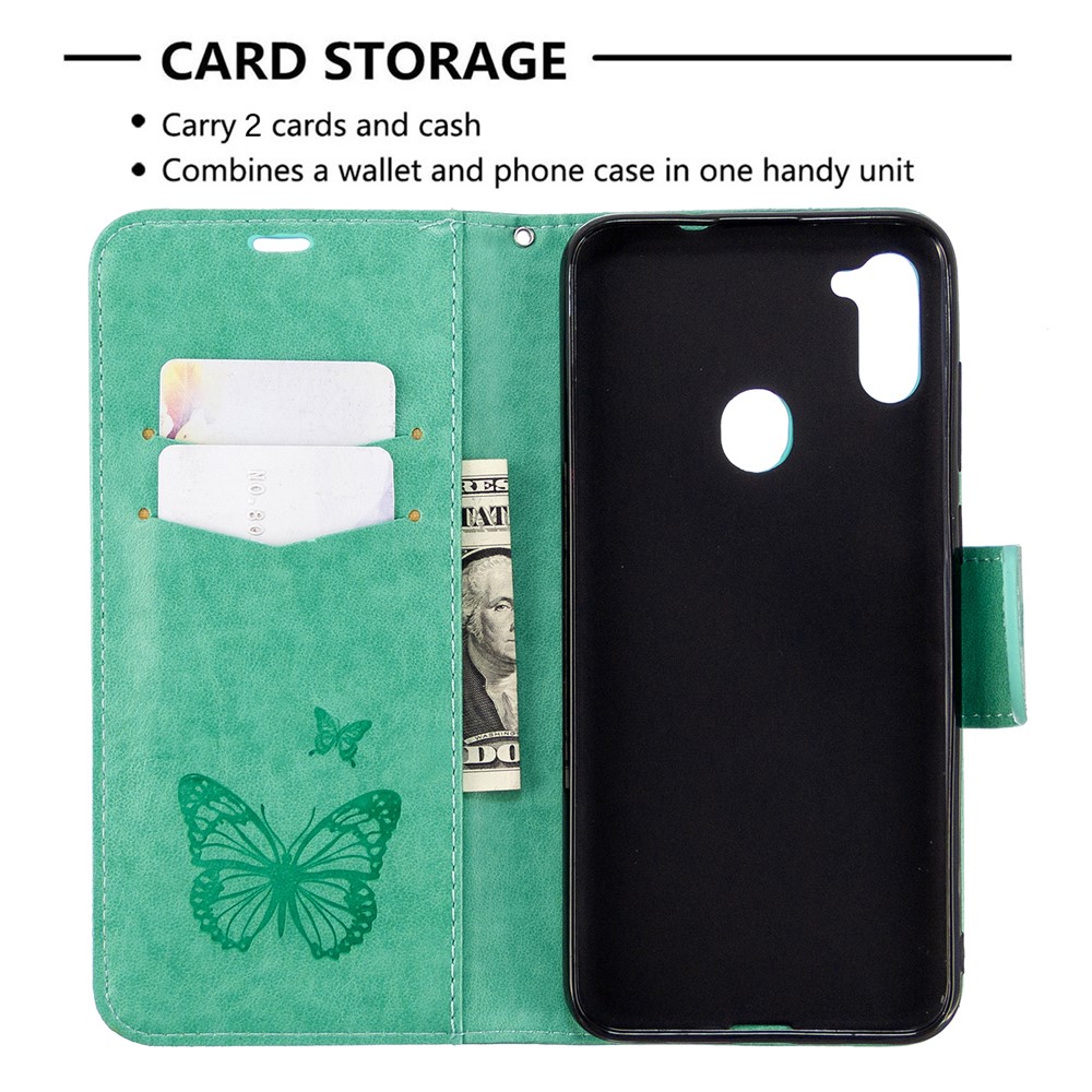 Imprint Borboletas Carteira Ficar Estojo De Couro Da Aleta Para Samsung Galaxy A11 / M11 - Verde-3