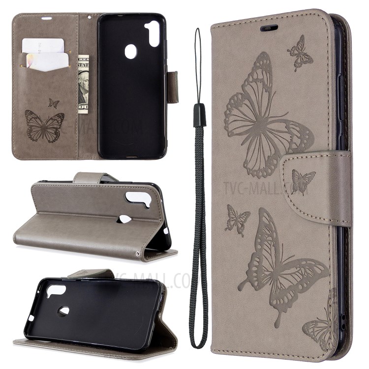 Imprint Butterflies Wallet Stand Flip Leather Case for Samsung Galaxy A11/M11 - Grey-1
