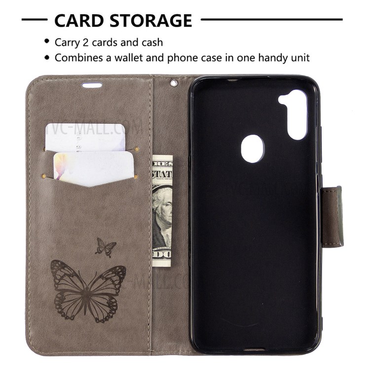 Imprint Butterflies Wallet Stand Flip Leather Case for Samsung Galaxy A11/M11 - Grey-3