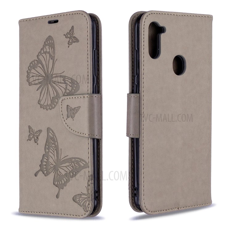 Imprint Butterflies Wallet Stand Flip Leather Case for Samsung Galaxy A11/M11 - Grey-8