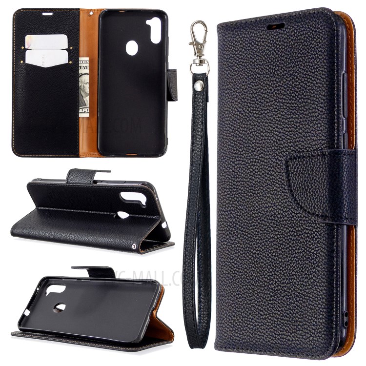 Litchi Skin Leather Stand Wallet Phone Case for Samsung Galaxy A11 / M11 - Black-1