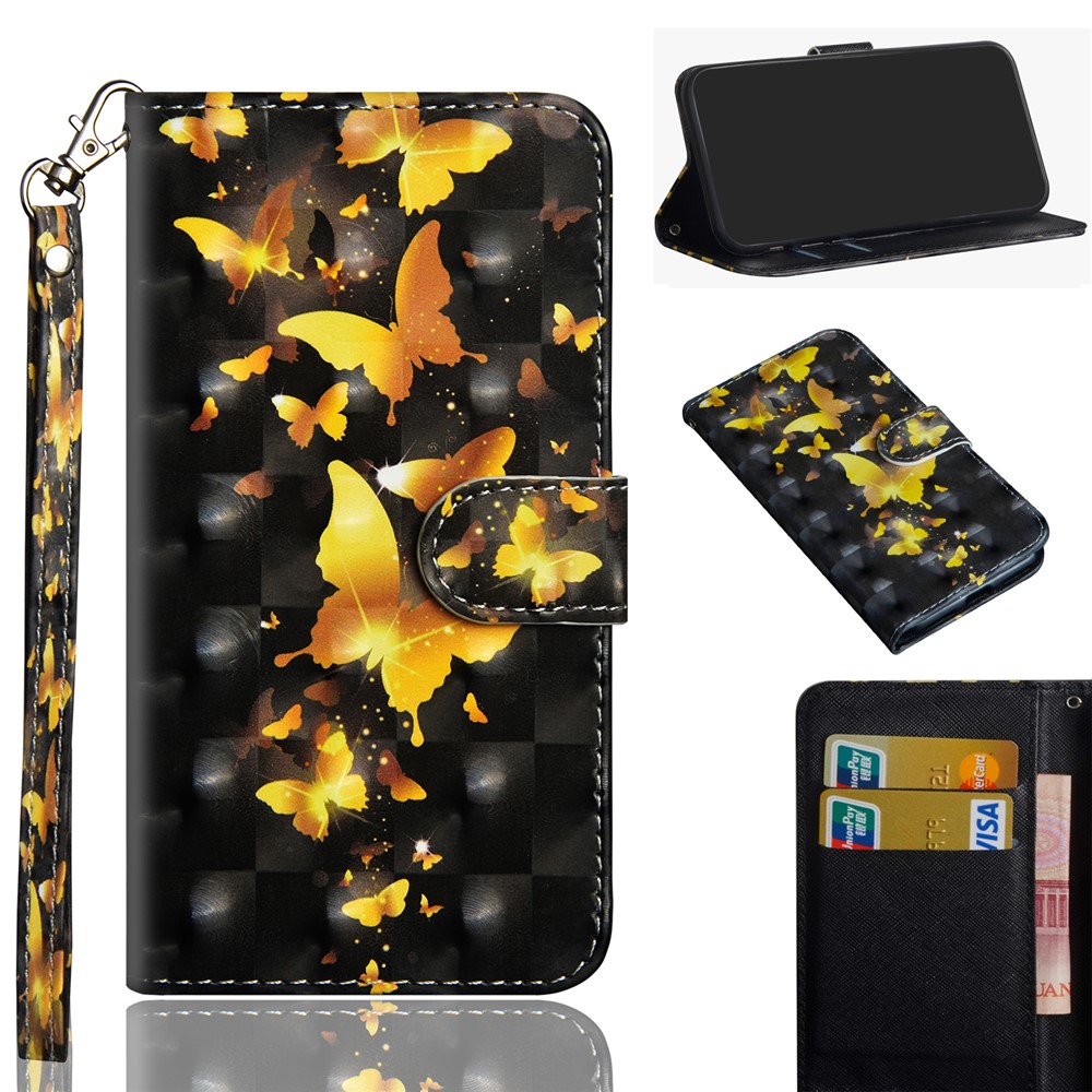 Light Spot Decor Patterns Wallet Case Leather Cover with Lanyard for Samsung Galaxy A41 (Global Version) - Gold Butterflies-1