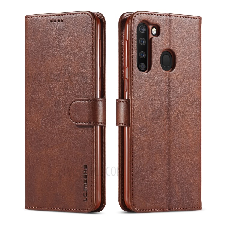 LC.IMEEKE Leather Wallet Stand Case for Samsung Galaxy A21 - Coffee-1
