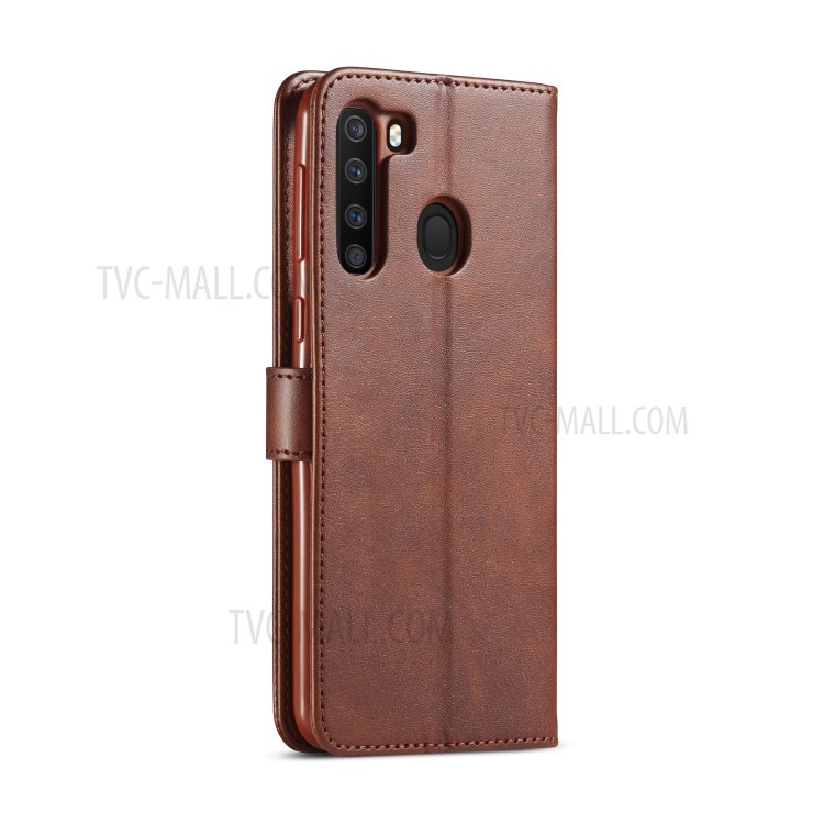 LC.IMEEKE Leather Wallet Stand Case for Samsung Galaxy A21 - Coffee-3
