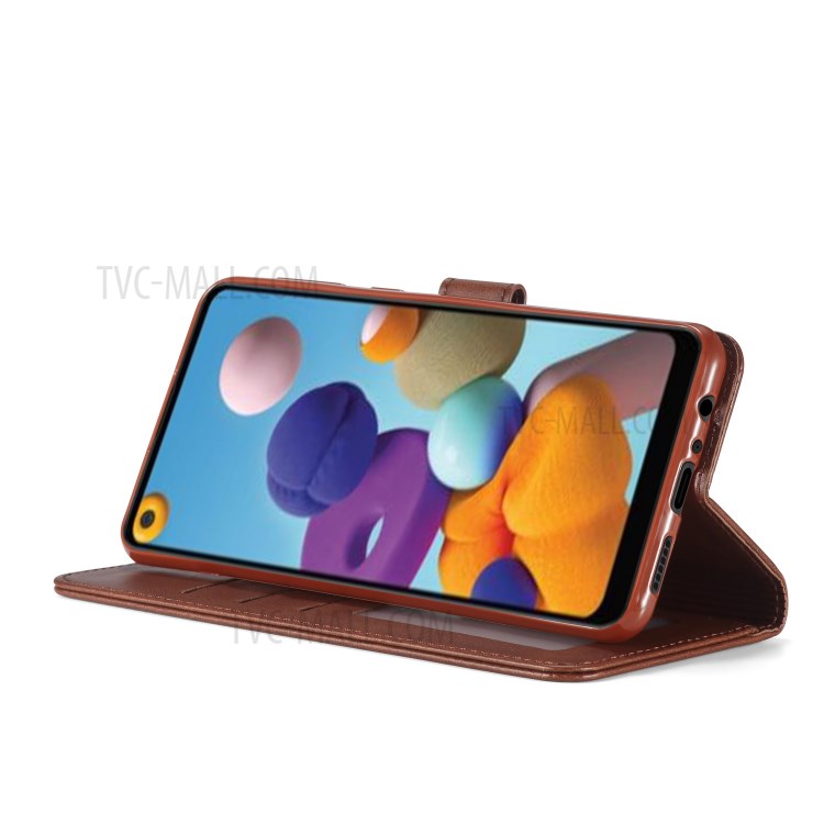 LC.IMEEKE Leather Wallet Stand Case for Samsung Galaxy A21 - Coffee-4