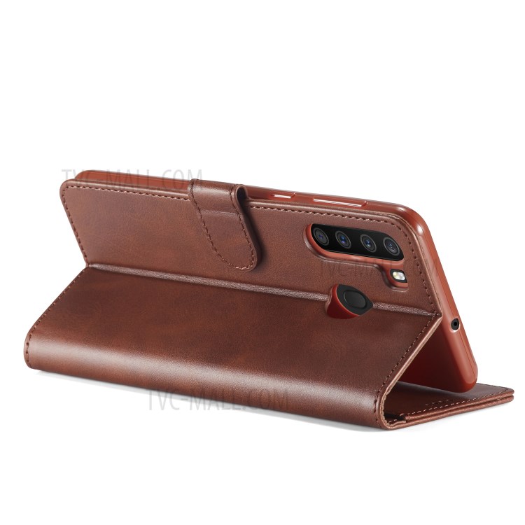 LC.IMEEKE Leather Wallet Stand Case for Samsung Galaxy A21 - Coffee-5