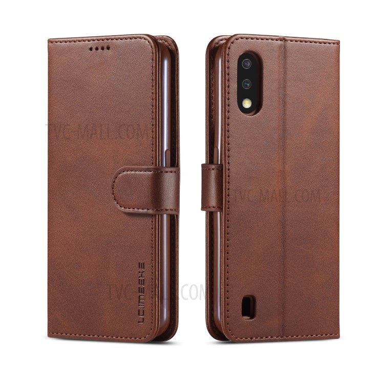 LC.IMEEKE Leather Stylish Wallet Stand Case for Samsung Galaxy A01 - Dark Brown-1