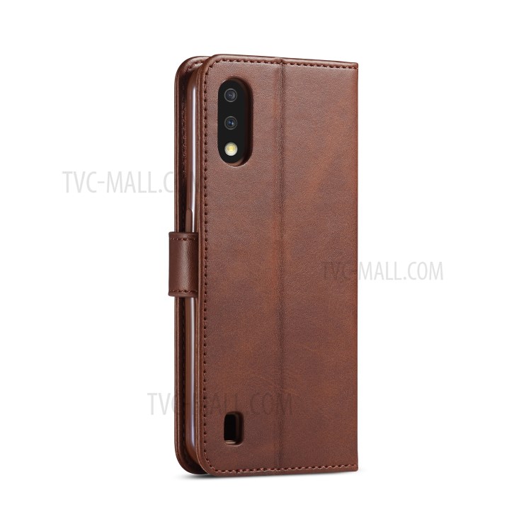 LC.IMEEKE Leather Stylish Wallet Stand Case for Samsung Galaxy A01 - Dark Brown-3