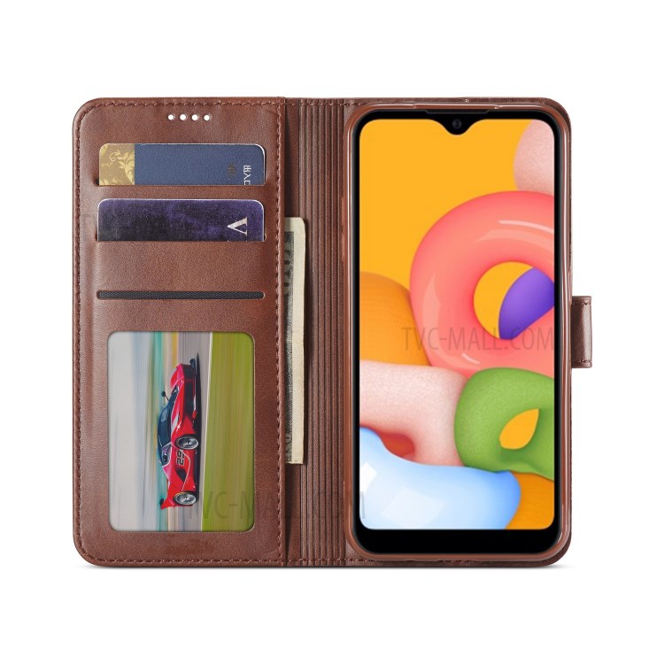 LC.IMEEKE Leather Stylish Wallet Stand Case for Samsung Galaxy A01 - Dark Brown-4