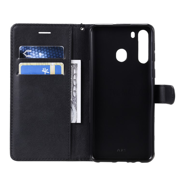 Solid Color PU Leather Phone Flip Cover with Strap for Samsung Galaxy A21 - Black-4