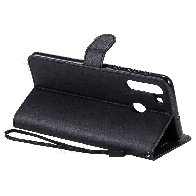 Solid Color PU Leather Phone Flip Cover with Strap for Samsung Galaxy A21 - Black-5