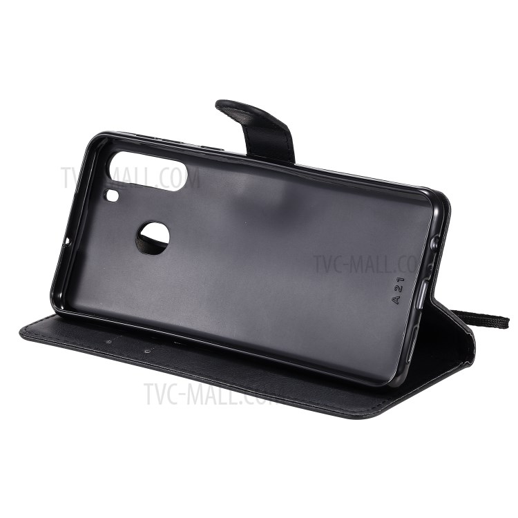 Solid Color PU Leather Phone Flip Cover with Strap for Samsung Galaxy A21 - Black-6