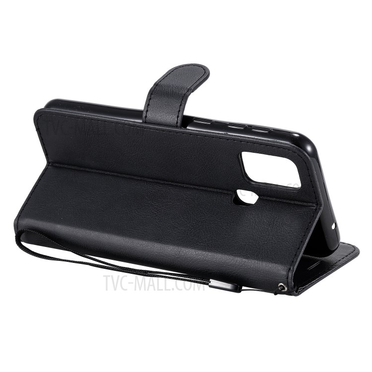 Solid Color PU Leather Shell Phone Flip Cover with Strap for Samsung Galaxy M31 - Black-5