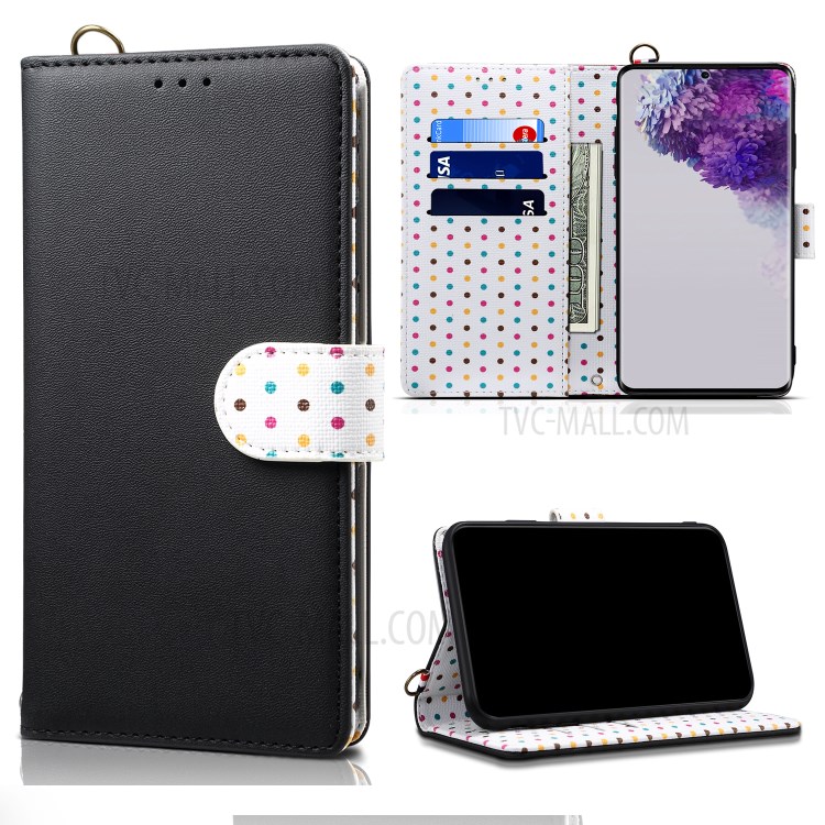 Retro Dots Decor Leather Phone Cover Shell with Lanyard for Samsung Galaxy S20 - Black-1