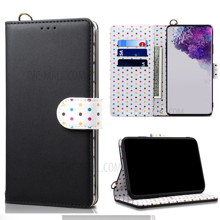 Polk Dots Style Wallet Stand Flip Leather Phone Shell for Samsung Galaxy S20 Ultra - Black-1