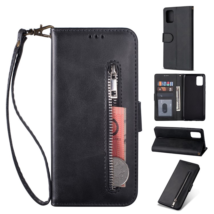 Zipper Pocket Leather Wallet Case Protective Cover Shell for Samsung Galaxy A41 (Global Version) - Black-1